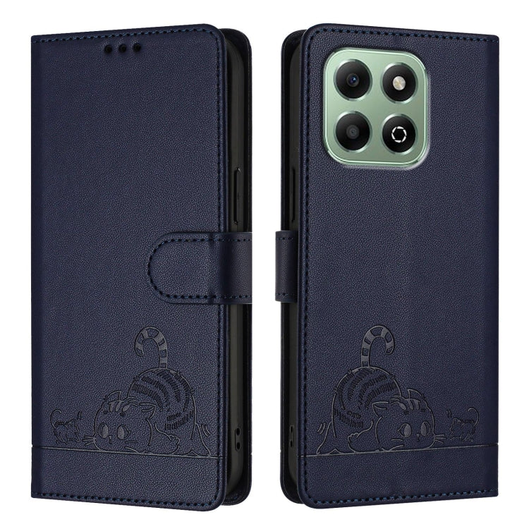 For Honor X6b Cat Rat Embossed Pattern RFID Leather Phone Case with Lanyard