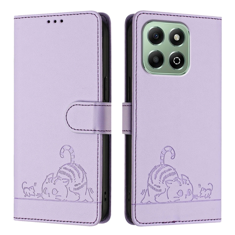 For Honor X6b Cat Rat Embossed Pattern RFID Leather Phone Case with Lanyard