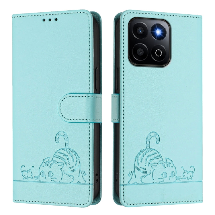 For Honor 200 Smart 5G Global Cat Rat Embossed Pattern RFID Leather Phone Case with Lanyard