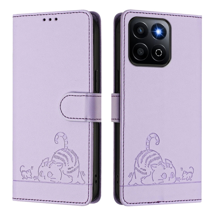 For Honor 200 Smart 5G Global Cat Rat Embossed Pattern RFID Leather Phone Case with Lanyard