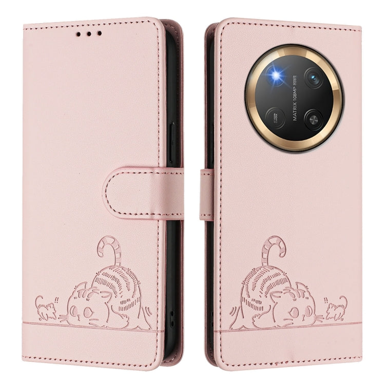 For Honor X9c 5G Global Cat Rat Embossed Pattern RFID Leather Phone Case with Lanyard