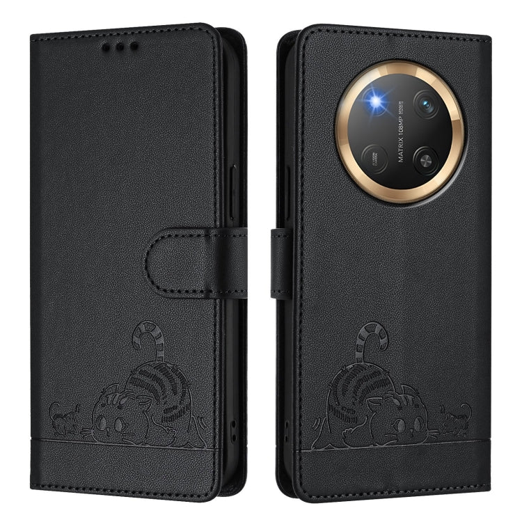 For Honor X9c 5G Global Cat Rat Embossed Pattern RFID Leather Phone Case with Lanyard