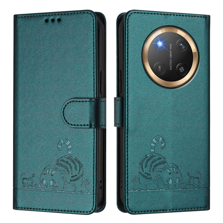 For Honor X9c 5G Global Cat Rat Embossed Pattern RFID Leather Phone Case with Lanyard