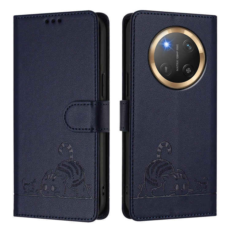 For Honor X9c 5G Global Cat Rat Embossed Pattern RFID Leather Phone Case with Lanyard