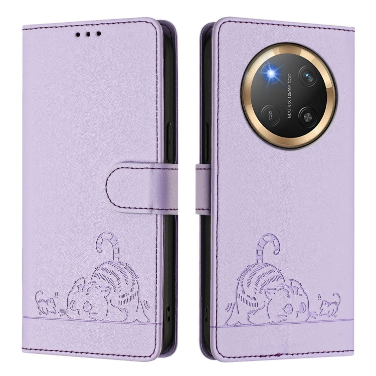 For Honor X9c 5G Global Cat Rat Embossed Pattern RFID Leather Phone Case with Lanyard