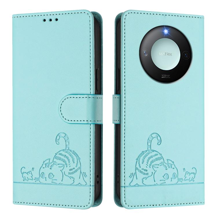 For Honor X9c Smart 5G Global Cat Rat Embossed Pattern RFID Leather Phone Case with Lanyard