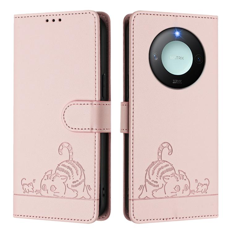For Honor X9c Smart 5G Global Cat Rat Embossed Pattern RFID Leather Phone Case with Lanyard