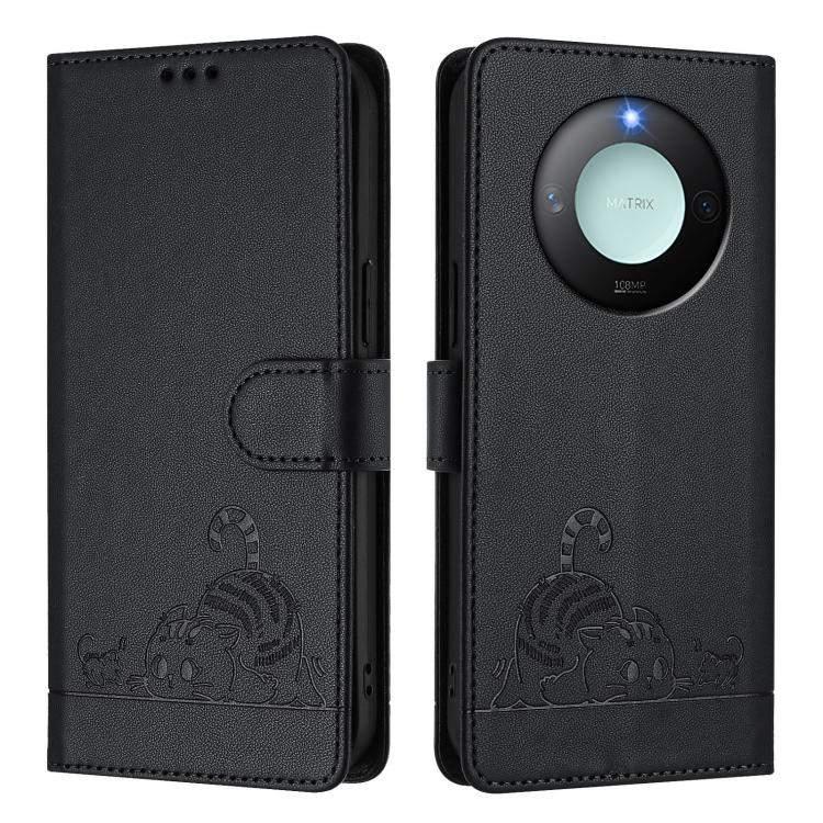 For Honor X9c Smart 5G Global Cat Rat Embossed Pattern RFID Leather Phone Case with Lanyard