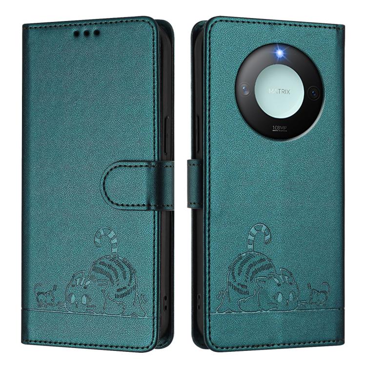 For Honor X9c Smart 5G Global Cat Rat Embossed Pattern RFID Leather Phone Case with Lanyard