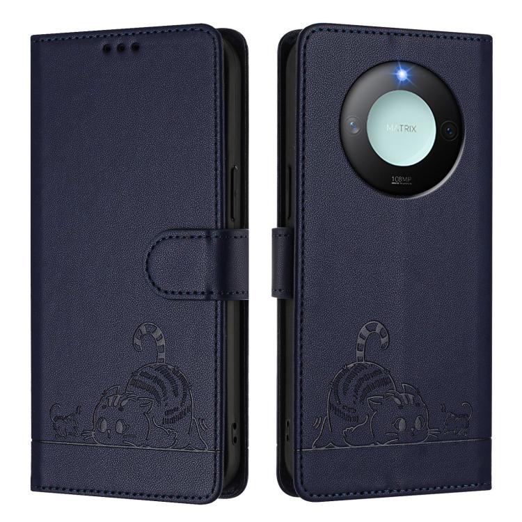 For Honor X9c Smart 5G Global Cat Rat Embossed Pattern RFID Leather Phone Case with Lanyard