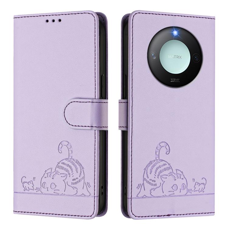 For Honor X9c Smart 5G Global Cat Rat Embossed Pattern RFID Leather Phone Case with Lanyard