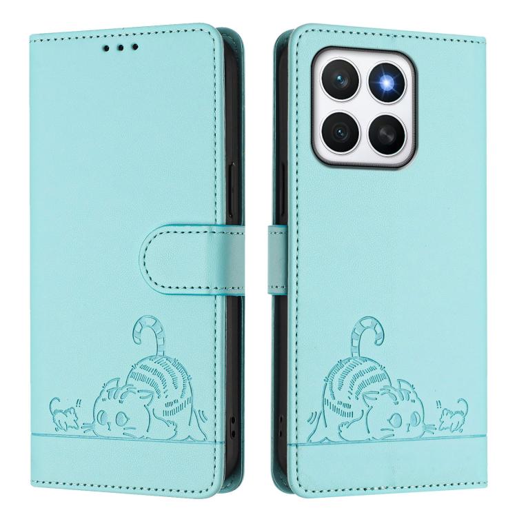 For Honor X8c 4G Global Cat Rat Embossed Pattern RFID Leather Phone Case with Lanyard