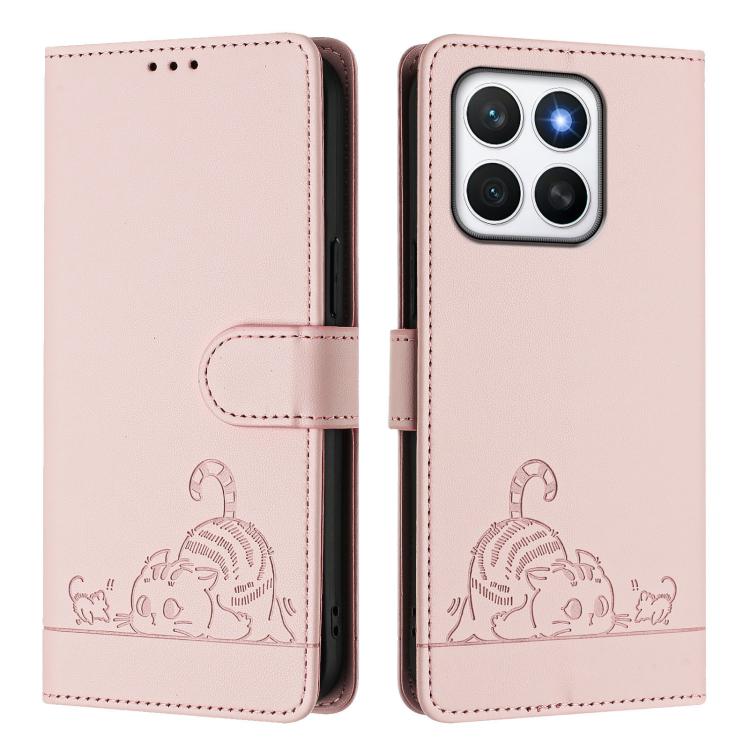 For Honor X8c 4G Global Cat Rat Embossed Pattern RFID Leather Phone Case with Lanyard