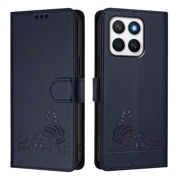 For Honor X8c 4G Global Cat Rat Embossed Pattern RFID Leather Phone Case with Lanyard