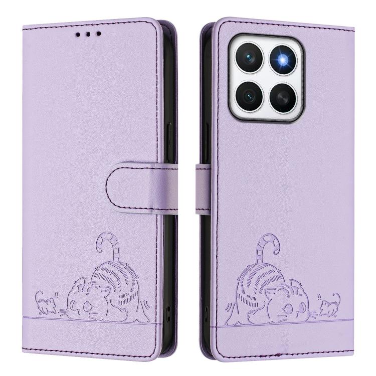 For Honor X8c 4G Global Cat Rat Embossed Pattern RFID Leather Phone Case with Lanyard
