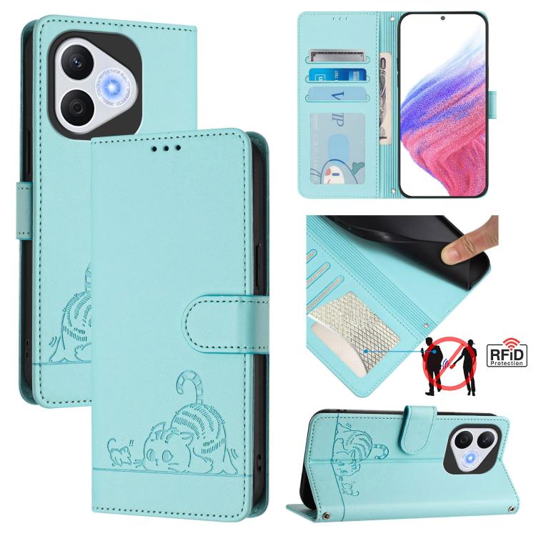 For Honor 400 Lite Global Cat Rat Embossed Pattern RFID Leather Phone Case with Lanyard