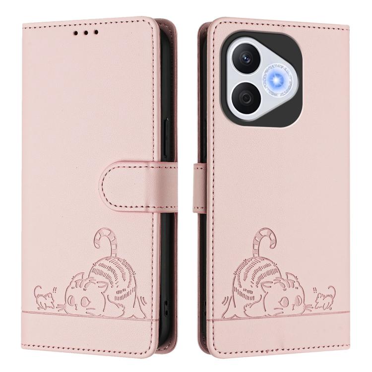 For Honor 400 Lite Global Cat Rat Embossed Pattern RFID Leather Phone Case with Lanyard