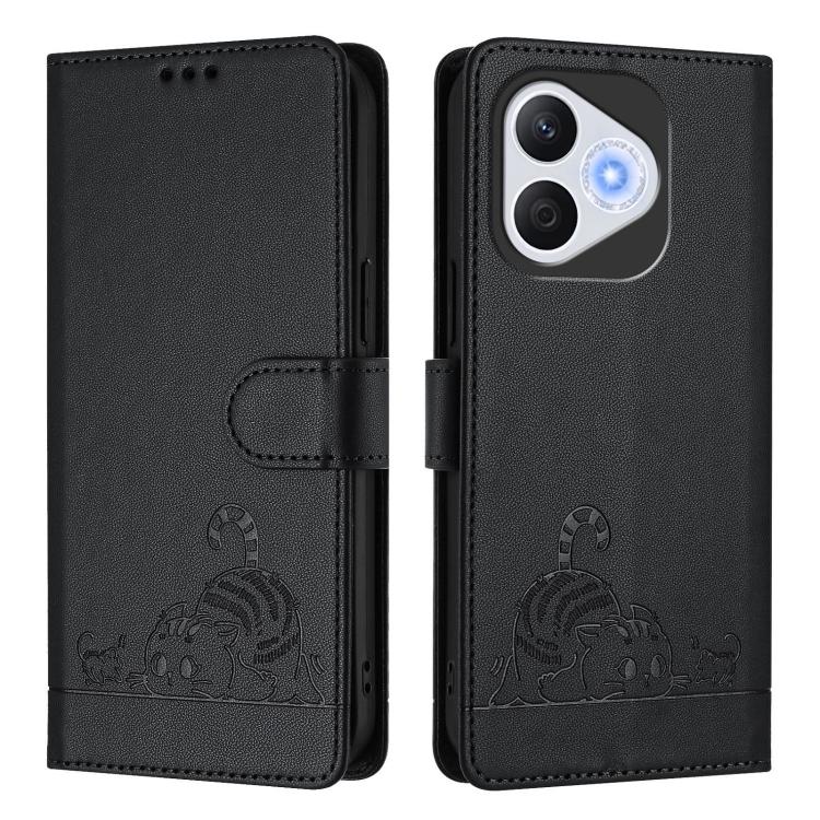 For Honor 400 Lite Global Cat Rat Embossed Pattern RFID Leather Phone Case with Lanyard
