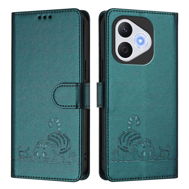 For Honor 400 Lite Global Cat Rat Embossed Pattern RFID Leather Phone Case with Lanyard