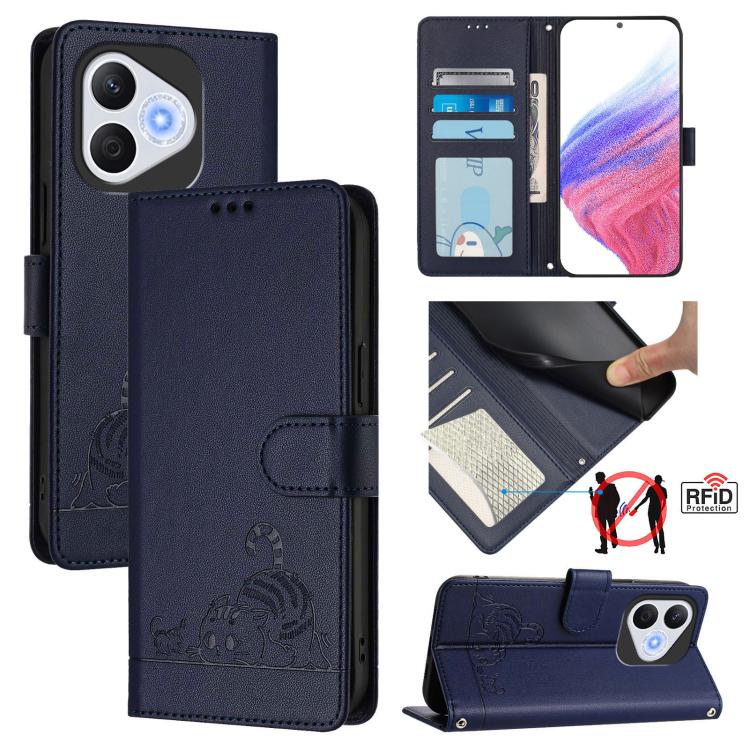 For Honor 400 Lite Global Cat Rat Embossed Pattern RFID Leather Phone Case with Lanyard
