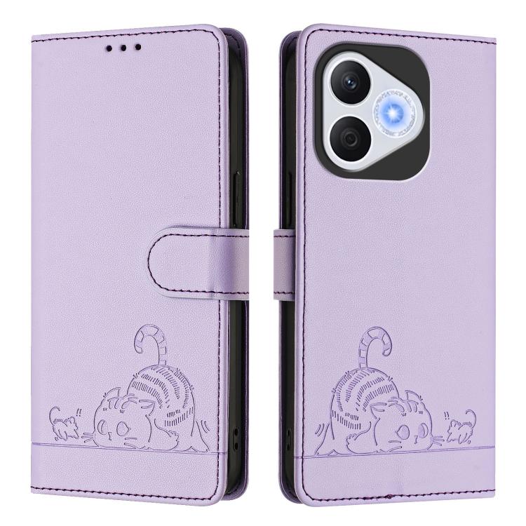 For Honor 400 Lite Global Cat Rat Embossed Pattern RFID Leather Phone Case with Lanyard