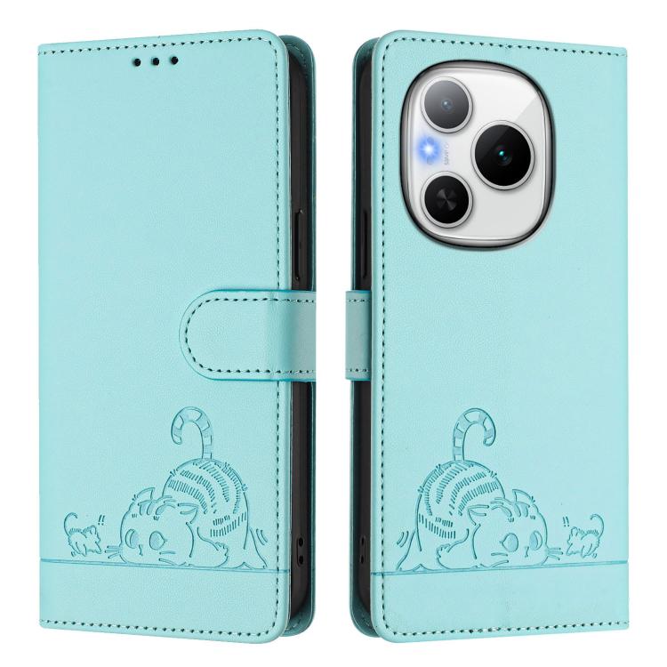 For Honor Power 5G Cat Rat Embossed Pattern RFID Leather Phone Case with Lanyard
