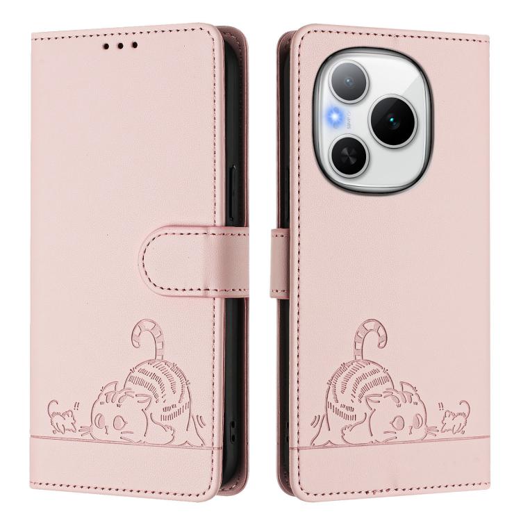 For Honor Power 5G Cat Rat Embossed Pattern RFID Leather Phone Case with Lanyard