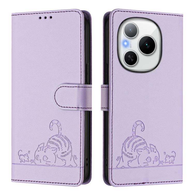 For Honor Power 5G Cat Rat Embossed Pattern RFID Leather Phone Case with Lanyard