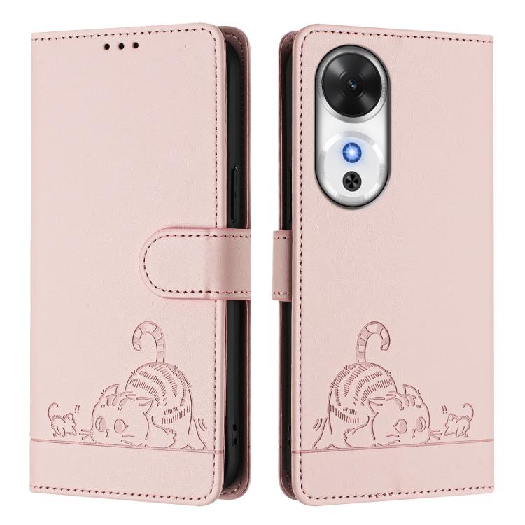 For Honor Play 60 5G Cat Rat Embossed Pattern RFID Leather Phone Case with Lanyard