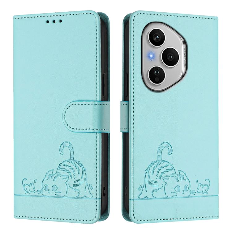 For Honor 400 Pro 5G 160.8mm Global Cat Rat Embossed Pattern RFID Leather Phone Case with Lanyard