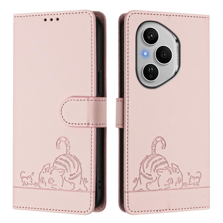 For Honor 400 Pro 5G 160.8mm Global Cat Rat Embossed Pattern RFID Leather Phone Case with Lanyard