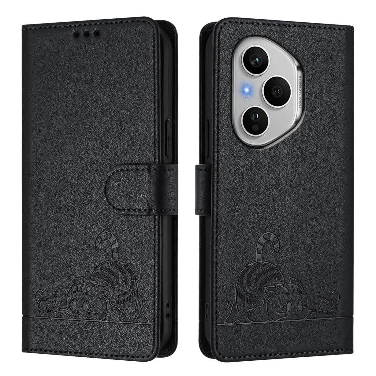 For Honor 400 Pro 5G 160.8mm Global Cat Rat Embossed Pattern RFID Leather Phone Case with Lanyard
