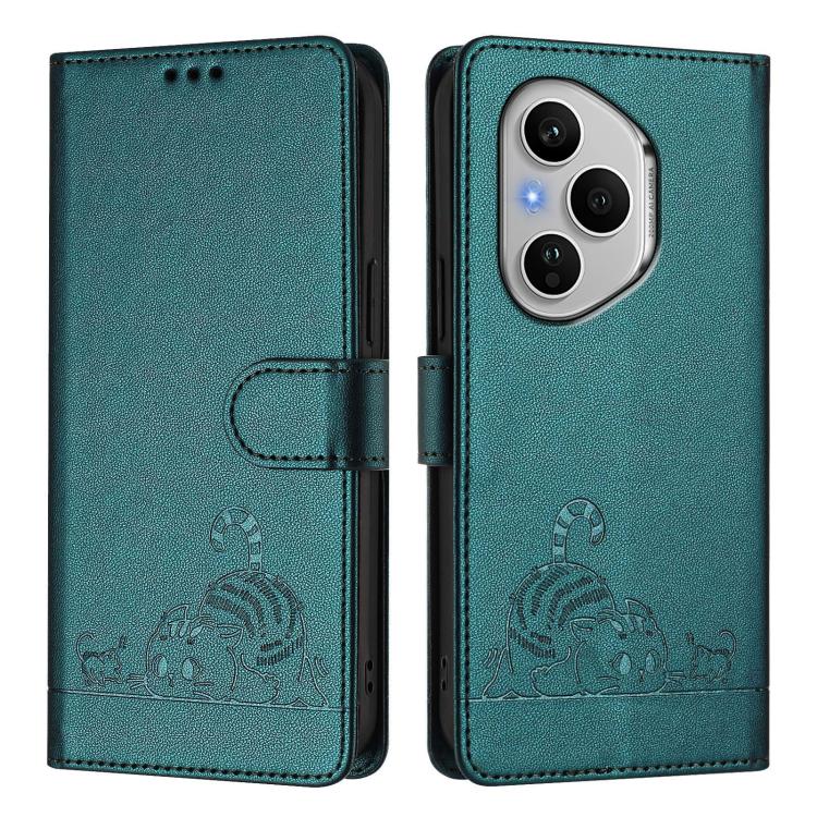 For Honor 400 Pro 5G 160.8mm Global Cat Rat Embossed Pattern RFID Leather Phone Case with Lanyard