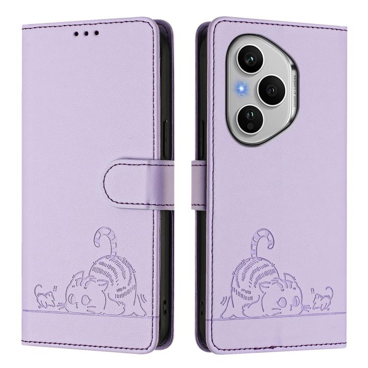 For Honor 400 Pro 5G 160.8mm Global Cat Rat Embossed Pattern RFID Leather Phone Case with Lanyard