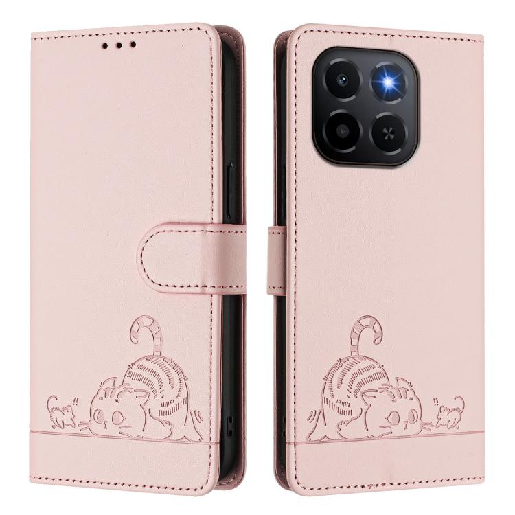 For Honor X6c 4G Cat Rat Embossed Pattern RFID Leather Phone Case with Lanyard