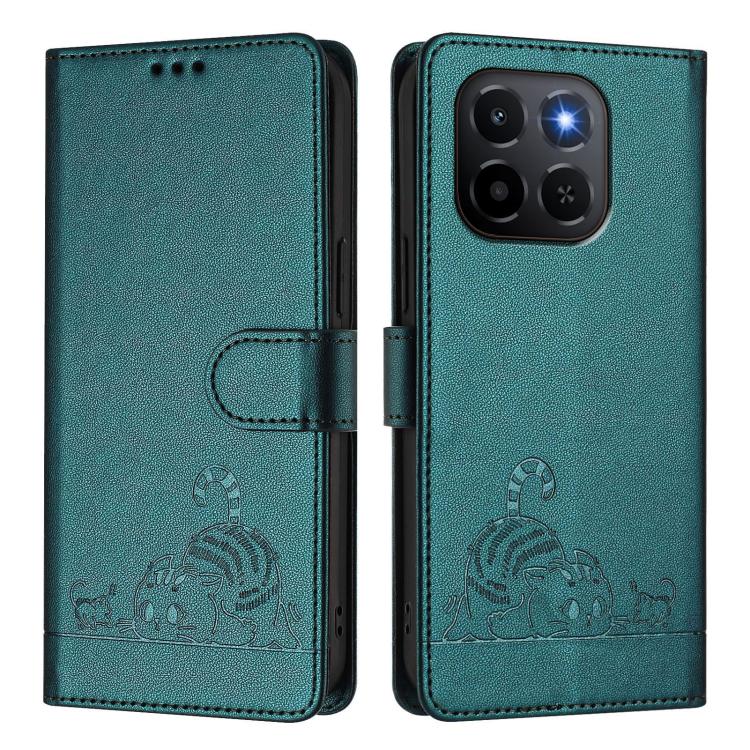 For Honor X6c 4G Cat Rat Embossed Pattern RFID Leather Phone Case with Lanyard