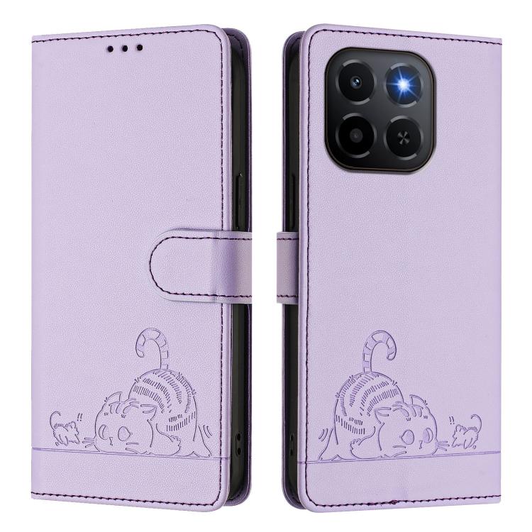 For Honor X6c 4G Cat Rat Embossed Pattern RFID Leather Phone Case with Lanyard