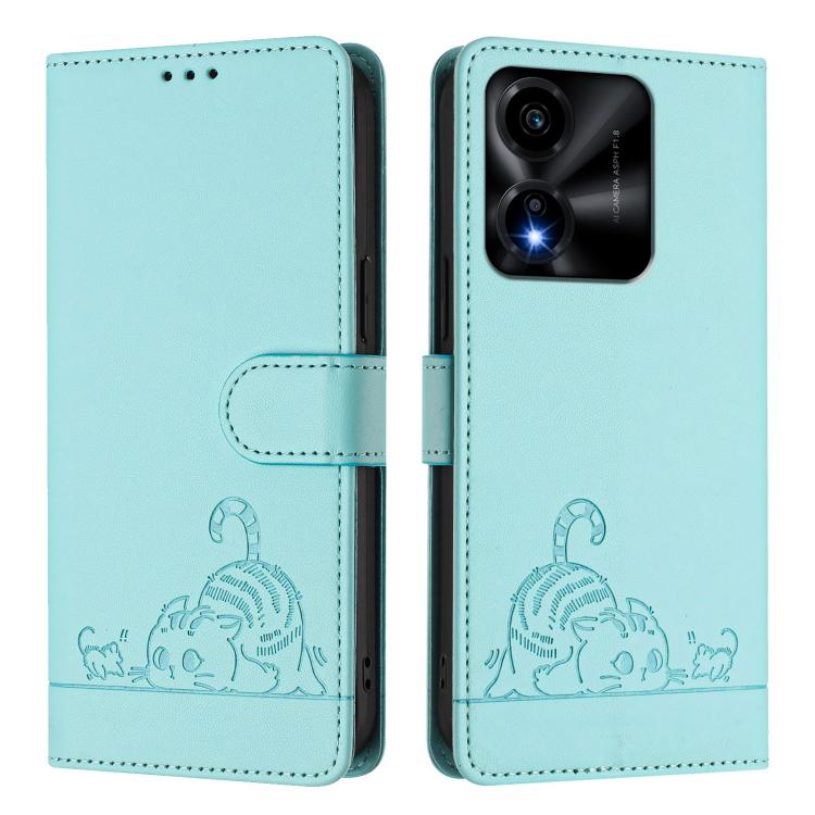 For Honor X5c Plus Cat Rat Embossed Pattern RFID Leather Phone Case with Lanyard
