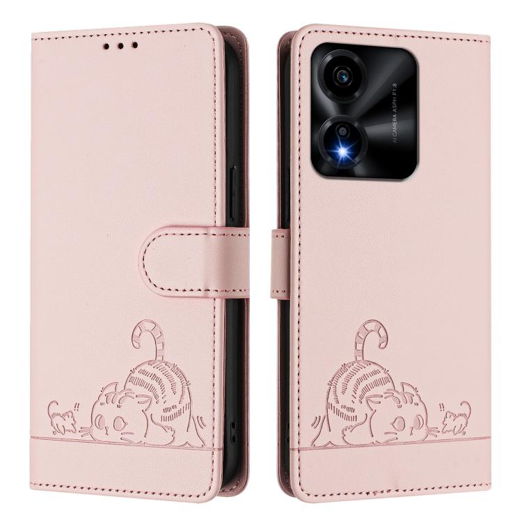 For Honor X5c Plus Cat Rat Embossed Pattern RFID Leather Phone Case with Lanyard
