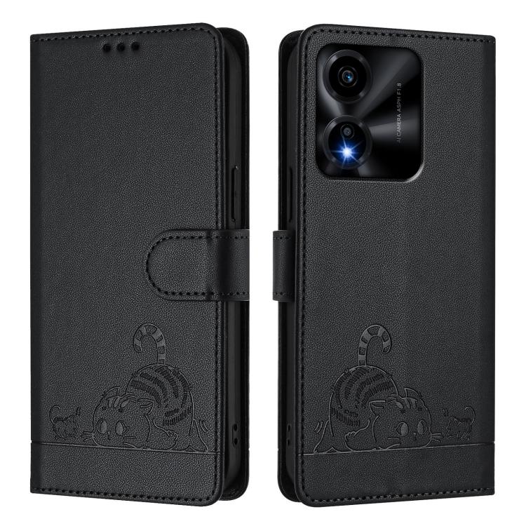 For Honor X5c Plus Cat Rat Embossed Pattern RFID Leather Phone Case with Lanyard