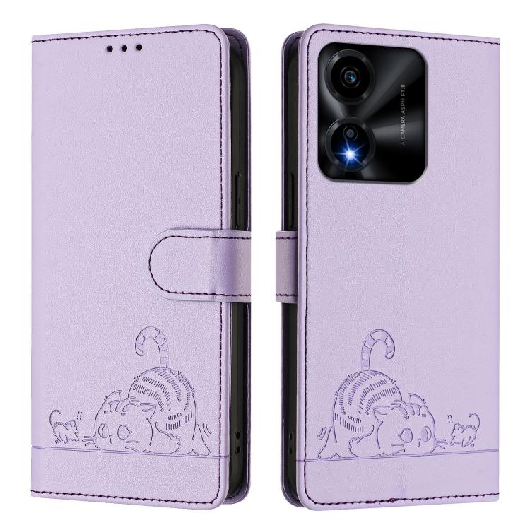 For Honor X5c Plus Cat Rat Embossed Pattern RFID Leather Phone Case with Lanyard