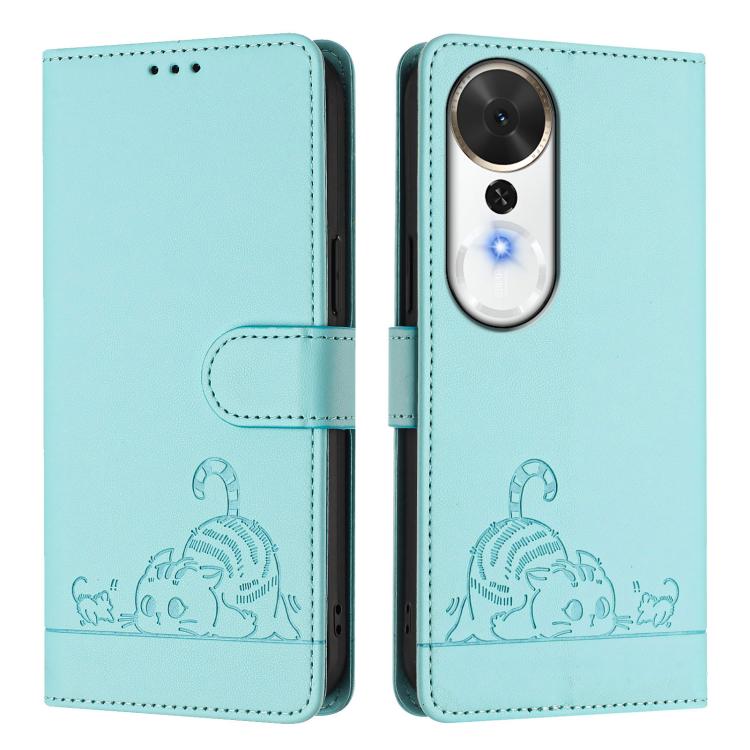 For Honor Play 70 Plus Cat Rat Embossed Pattern RFID Leather Phone Case with Lanyard