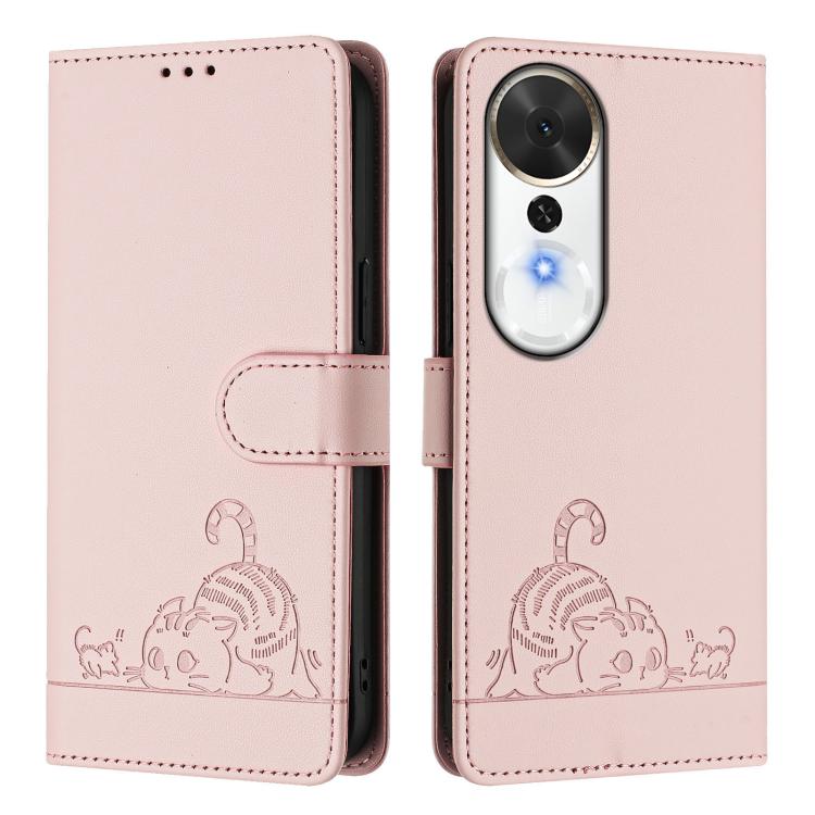 For Honor Play 70 Plus Cat Rat Embossed Pattern RFID Leather Phone Case with Lanyard