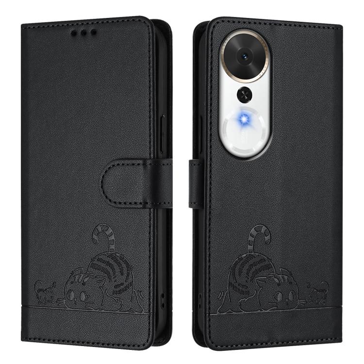 For Honor Play 70 Plus Cat Rat Embossed Pattern RFID Leather Phone Case with Lanyard