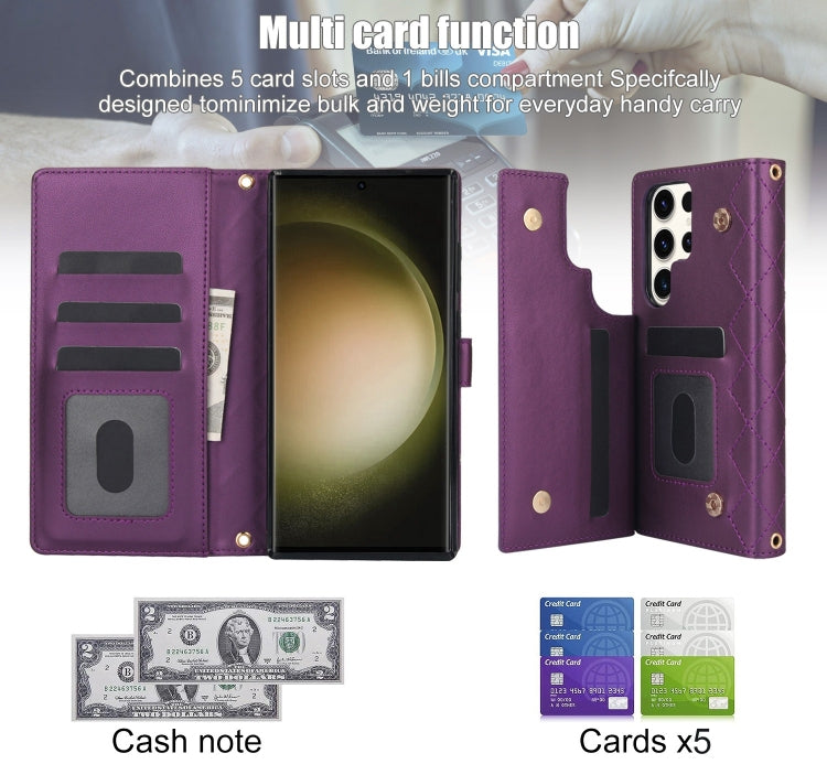 For Samsung Galaxy S22 Ultra 5G Crossbody Multifunction Rhombic Leather Phone Case