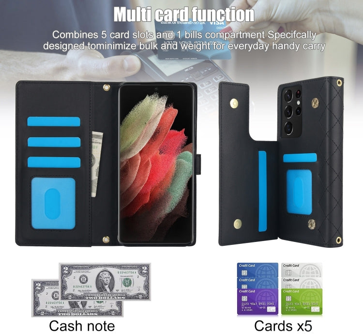 For Samsung Galaxy S21 Ultra 5G Crossbody Multifunction Rhombic Leather Phone Case