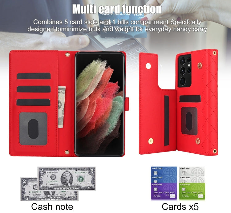 For Samsung Galaxy S21 Ultra 5G Crossbody Multifunction Rhombic Leather Phone Case