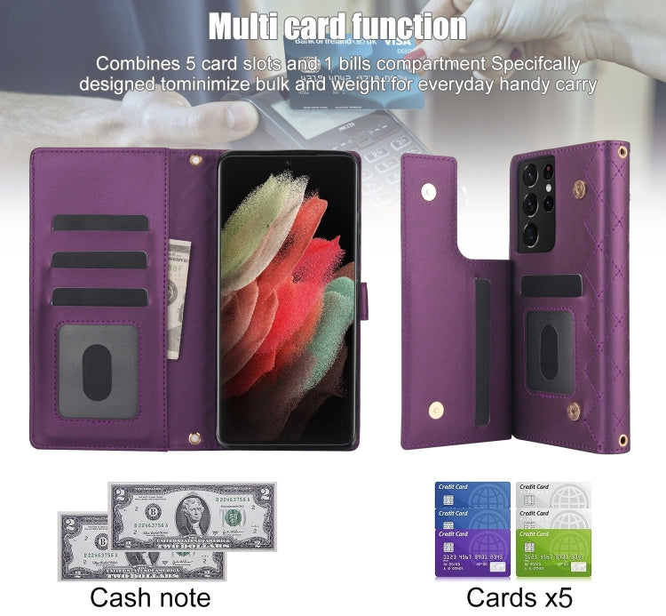 For Samsung Galaxy S21 Ultra 5G Crossbody Multifunction Rhombic Leather Phone Case