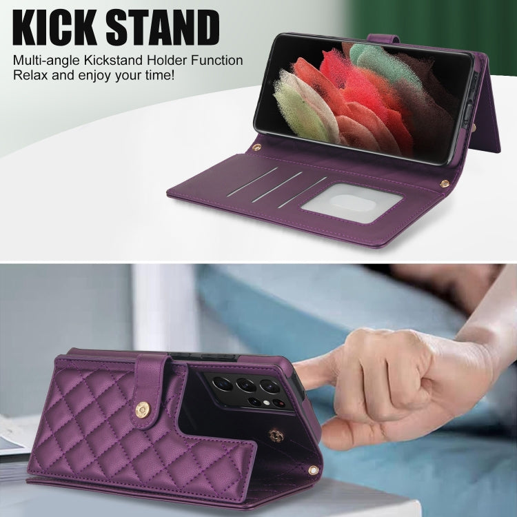 For Samsung Galaxy S21 Ultra 5G Crossbody Multifunction Rhombic Leather Phone Case