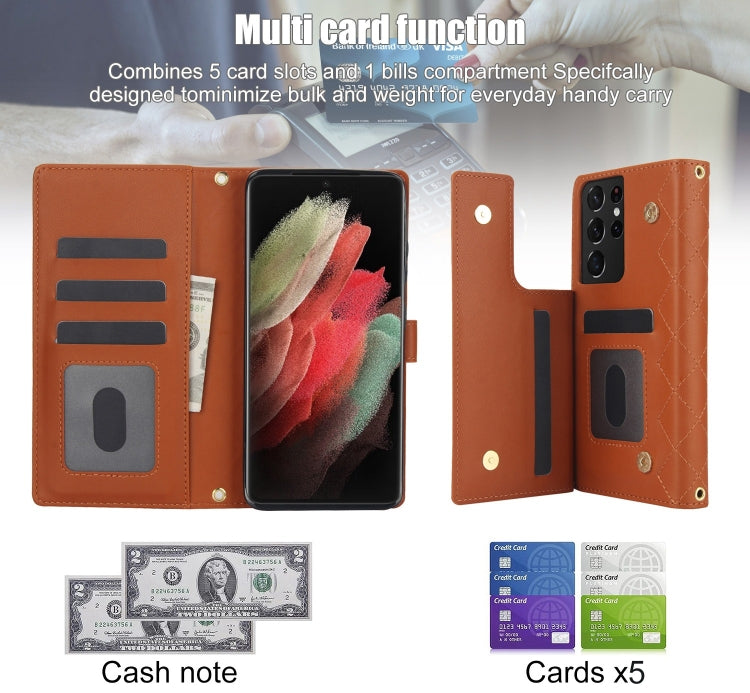 For Samsung Galaxy S21 Ultra 5G Crossbody Multifunction Rhombic Leather Phone Case